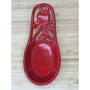 Red Cast Iron Apple Spoon Rest Farmhouse Kitchen Utensil Holder Wall Decor